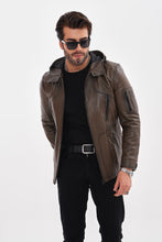 Load image into Gallery viewer, The Veneto Khaki Leather Hooded Men Jacket