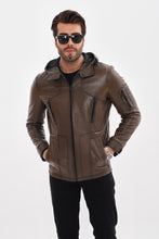 Load image into Gallery viewer, The Veneto Khaki Leather Hooded Men Jacket