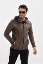 Load image into Gallery viewer, The Veneto Khaki Leather Hooded Men Jacket