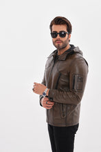 Load image into Gallery viewer, The Veneto Khaki Leather Hooded Men Jacket