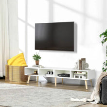 Load image into Gallery viewer, Modern Mid-Century Style TV Stand in White with Wood Legs for TVs up to 65-inch