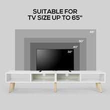 Load image into Gallery viewer, Modern Mid-Century Style TV Stand in White with Wood Legs for TVs up to 65-inch