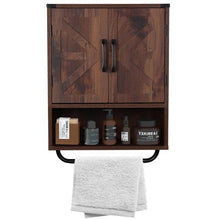 Load image into Gallery viewer, Farmhouse Bathroom Wall Cabinet with Towel Bar in Brown Wood Finish