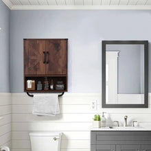 Load image into Gallery viewer, Farmhouse Bathroom Wall Cabinet with Towel Bar in Brown Wood Finish
