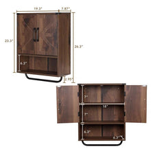 Load image into Gallery viewer, Farmhouse Bathroom Wall Cabinet with Towel Bar in Brown Wood Finish