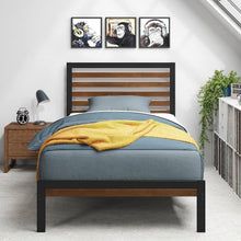 Load image into Gallery viewer, Twin Metal Platform Bed Frame with Bamboo Wood Slatted Headboard and Footboard