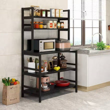 Load image into Gallery viewer, Black Metal Wood Freestanding Kitchen Shelf Bakers Rack Microwave Stand