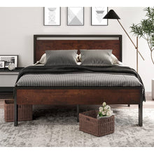 Load image into Gallery viewer, King Metal Platform Bed Frame with Mahogany Wood Panel Headboard Footboard