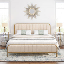 Load image into Gallery viewer, King size Gold Metal Platform Bed Frame with Off-White Upholstered Headboard