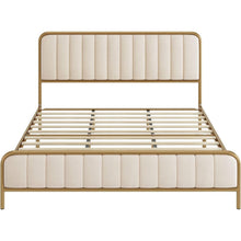 Load image into Gallery viewer, King size Gold Metal Platform Bed Frame with Off-White Upholstered Headboard