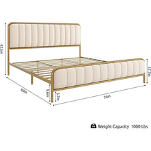 Load image into Gallery viewer, King size Gold Metal Platform Bed Frame with Off-White Upholstered Headboard