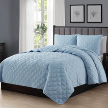 Load image into Gallery viewer, King/CAL King 3-Piece Light Blue Microfiber Reversible Diamond Quilt Set