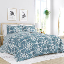 Load image into Gallery viewer, King size 3-Piece Blue and White Reversible Floral Striped Comforter Set