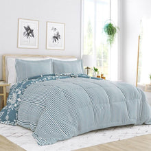 Load image into Gallery viewer, King size 3-Piece Blue and White Reversible Floral Striped Comforter Set
