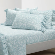 Load image into Gallery viewer, King Size Polyester Blue Ruffle Floral 6 Piece Sheet Set
