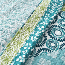 Load image into Gallery viewer, King size Cotton 3 Piece Reversible Blue White Green Floral Damask Quilt Set