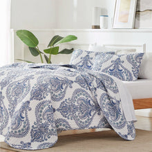 Load image into Gallery viewer, King Size Soft Microfiber Reversible Blue/White Baroque Floral Design Quilt Set