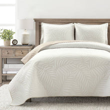 Load image into Gallery viewer, King size Lightweight Fern Leaf Reversible 3-PC White Beige Cotton Quilt Set