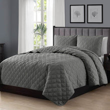 Load image into Gallery viewer, King/CAL King 3-Piece Dark Grey Polyester Microfiber Diamond Quilted Quilt Set