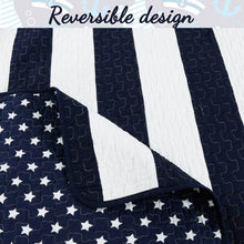 Load image into Gallery viewer, King 3 Piece Reversible Navy White Stars Stripes 100-Percent Cotton Quilt Set