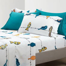 Load image into Gallery viewer, King Teal Yellow White Floral Birds on Wire Soft Polyester 6 Piece Sheet Set