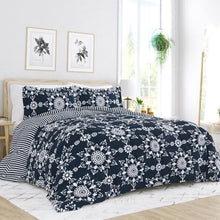 Load image into Gallery viewer, King size 3-Piece Navy Blue White Reversible Floral Striped Comforter Set