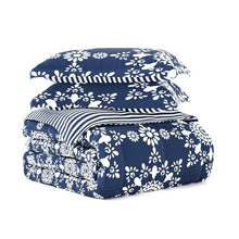 Load image into Gallery viewer, King size 3-Piece Navy Blue White Reversible Floral Striped Comforter Set