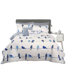 Load image into Gallery viewer, King size Blue White Navy Floral Birds On Wire Lightweight 7 Piece Quilt Set