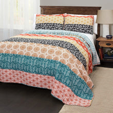 Load image into Gallery viewer, King size Cotton 3 Piece Reversible Teal Orange Bohemian Stripe Quilt Set