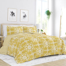 Load image into Gallery viewer, King Size 3 Piece Yellow Reversible Daisy Medallion Stripped Comforter Set