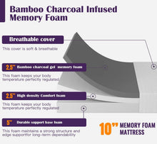 Load image into Gallery viewer, King size 10-inch Charcoal Infused Memory Foam Mattress with Removable Cover