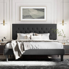 Load image into Gallery viewer, King Black Linen Upholstered Platform Bed Frame with Button-Tufted Headboard