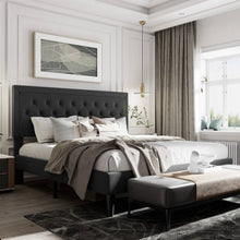 Load image into Gallery viewer, King Black Linen Upholstered Platform Bed Frame with Button-Tufted Headboard