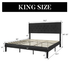 Load image into Gallery viewer, King Black Linen Upholstered Platform Bed Frame with Button-Tufted Headboard