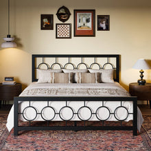 Load image into Gallery viewer, King Black Metal Platform Bed Frame with Circle Medallion Headboard Footboard