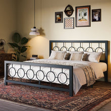 Load image into Gallery viewer, King Black Metal Platform Bed Frame with Circle Medallion Headboard Footboard
