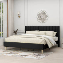 Load image into Gallery viewer, King size Mid-Century Black Linen Platform Bed Frame with Upholstered Headboard