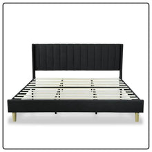 Load image into Gallery viewer, King size Mid-Century Black Linen Platform Bed Frame with Upholstered Headboard