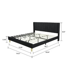 Load image into Gallery viewer, King size Mid-Century Black Linen Platform Bed Frame with Upholstered Headboard