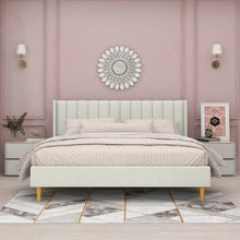 Load image into Gallery viewer, King Mid-Century Platform Bed Frame with Cream Velvet Upholstered Headboard