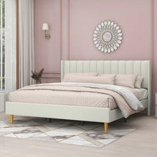 Load image into Gallery viewer, King Mid-Century Platform Bed Frame with Cream Velvet Upholstered Headboard