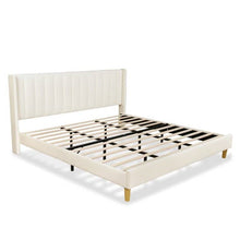 Load image into Gallery viewer, King Mid-Century Platform Bed Frame with Cream Velvet Upholstered Headboard