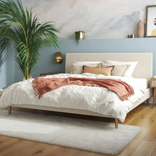 Load image into Gallery viewer, King Mid-Century Off-White Velvet Upholstered Platform Bed Frame with Headboard