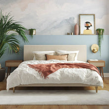 Load image into Gallery viewer, King Mid-Century Off-White Velvet Upholstered Platform Bed Frame with Headboard