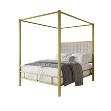Load image into Gallery viewer, King size Gold Metal Canopy Bed with Upholstered Button-Tufted Headboard