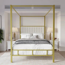 Load image into Gallery viewer, King size Gold Metal Canopy Bed with Upholstered Button-Tufted Headboard