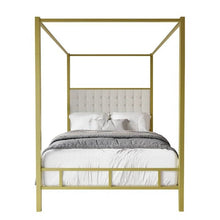 Load image into Gallery viewer, King size Gold Metal Canopy Bed with Upholstered Button-Tufted Headboard