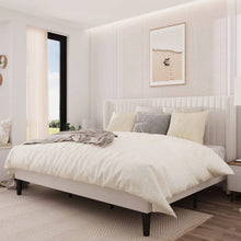 Load image into Gallery viewer, King size White Velvet Upholstered Platform Bed Frame with Wingback Headboard