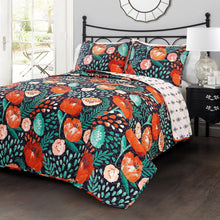 Load image into Gallery viewer, King size Boho Floral Red Poppy Navy Teal Lightweight 3 Piece Cotton Quilt Set