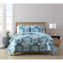 Load image into Gallery viewer, King size Aqua Blue Cream Beach Sea Shells Coral Fish Coastal 3-Piece Quilt Set